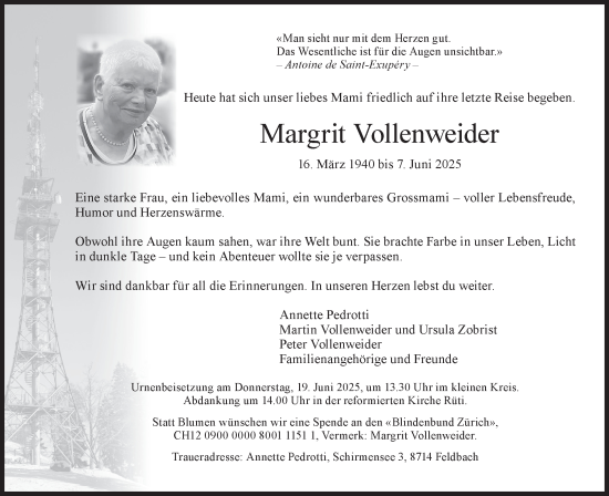Traueranzeige von Margrit Vollenweider von AvU