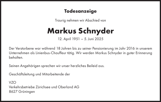 Traueranzeige von Markus Schnyder von AvU