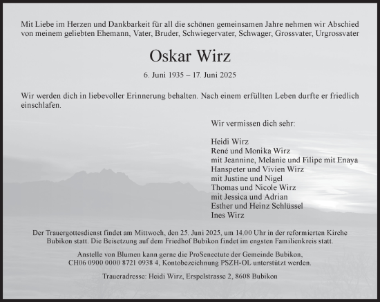 Traueranzeige von Oskar Wirz von AvU
