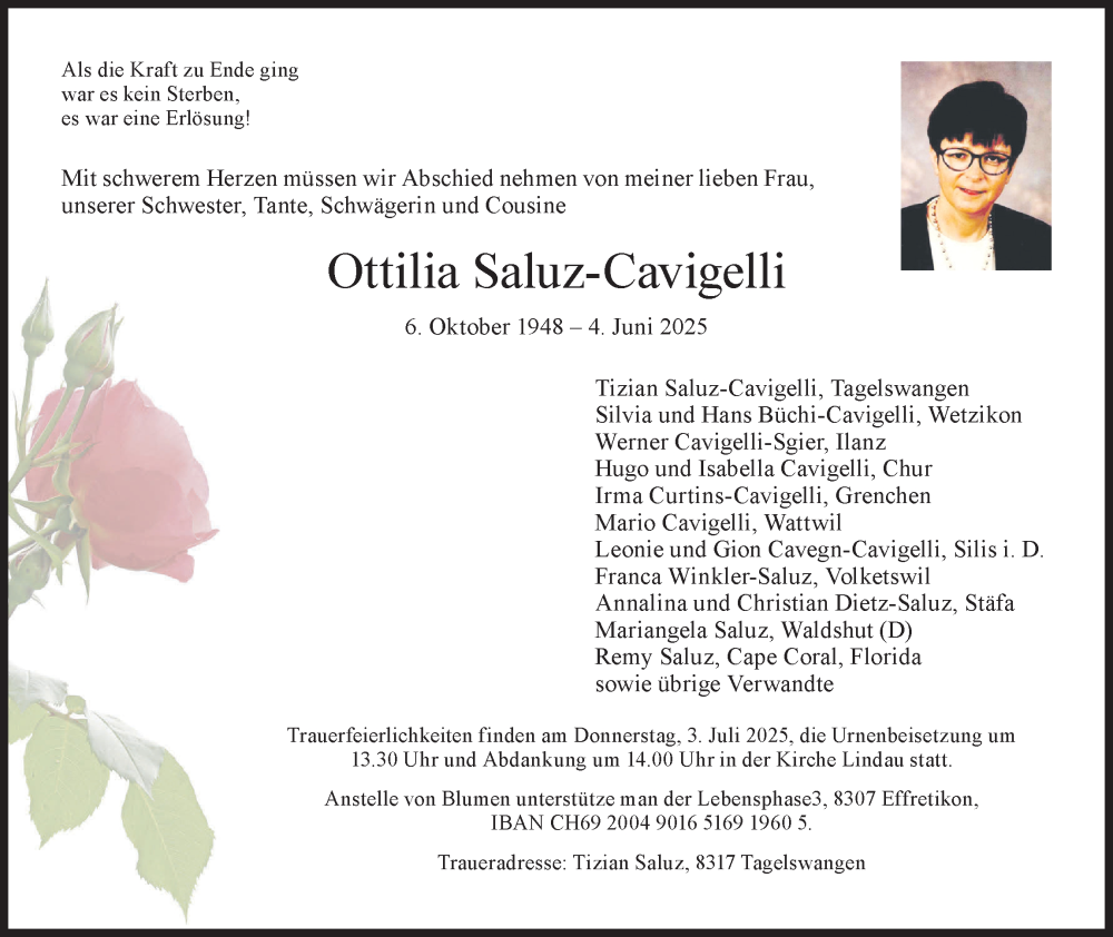  Traueranzeige für Ottilia Saluz-Cavigelli vom 26.06.2025 aus reg_2