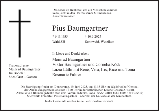 Traueranzeige von Pius Baumgartner von AvU