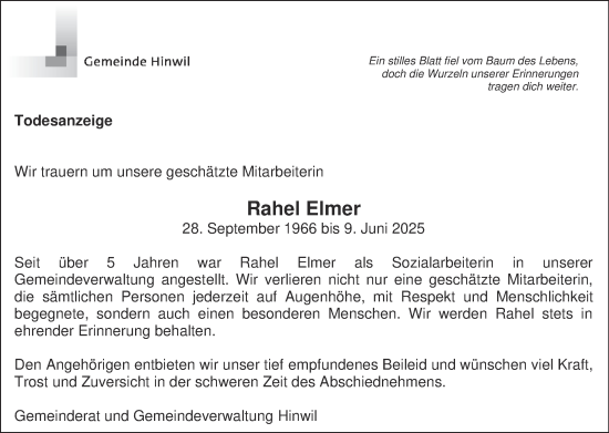 Traueranzeige von Rahel Elmer von AvU