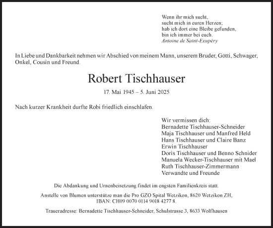Traueranzeige von Robert Tischhauser von AvU