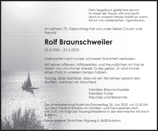 Traueranzeige von Rolf Braunschweiler von AvU