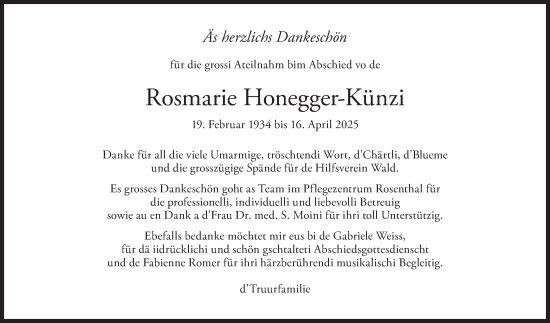 Traueranzeige von Rosmarie Honegger-Künzi von AvU