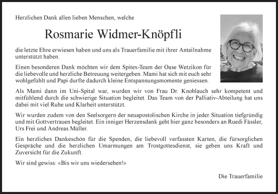 Traueranzeige von Rosmarie Widmer-Knöpfli von AvU