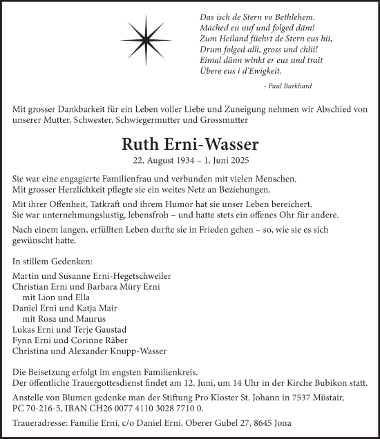Traueranzeige von Ruth Erni-Wasser von AvU