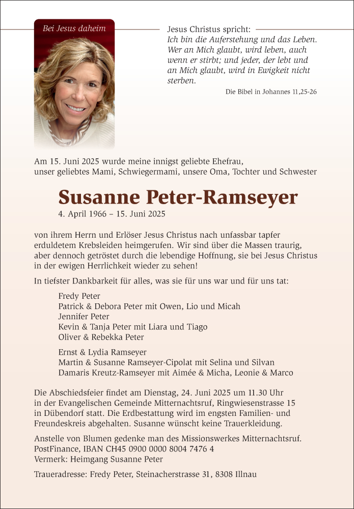  Traueranzeige für Susanne Peter-Ramseyer vom 19.06.2025 aus AvU