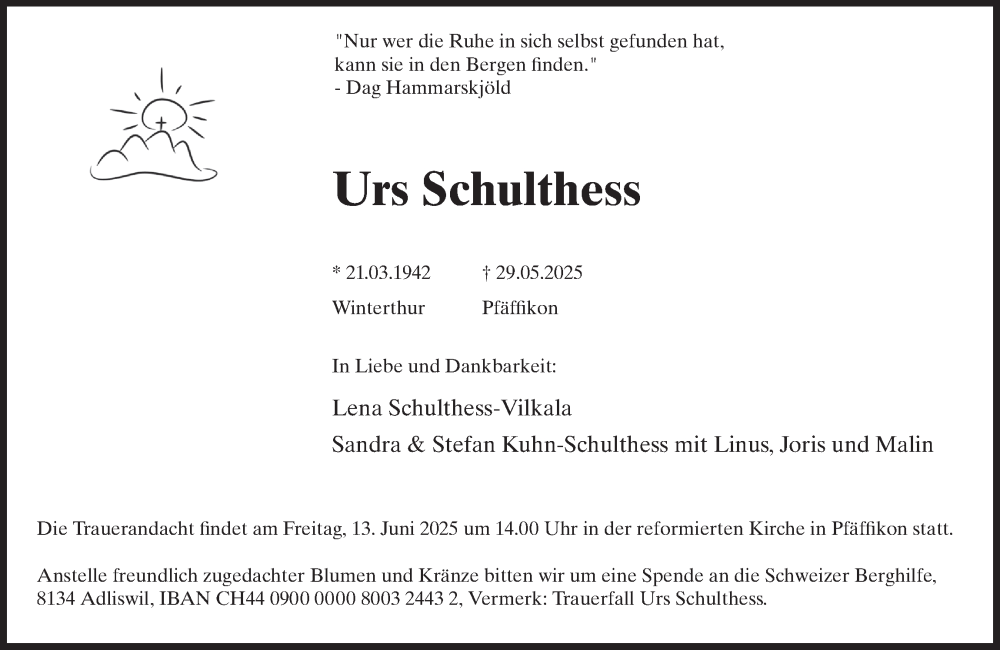  Traueranzeige für Urs Schulthess vom 04.06.2025 aus AvU