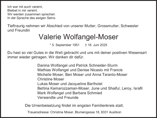 Traueranzeige von Valerie Wolfangel-Moser von AvU