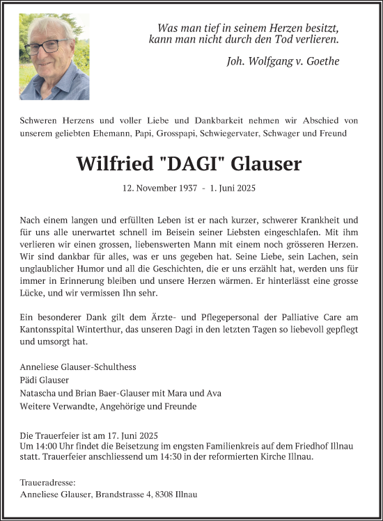 Traueranzeige von Wilfried Glauser von AvU