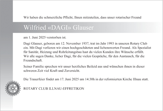 Traueranzeige von Wilfried Glauser von reg_2