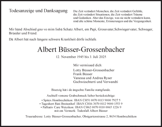Traueranzeige von Albert Büsser-Grossenbacher von AvU