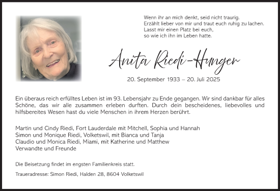 Traueranzeige von Anita Riedi von AvU