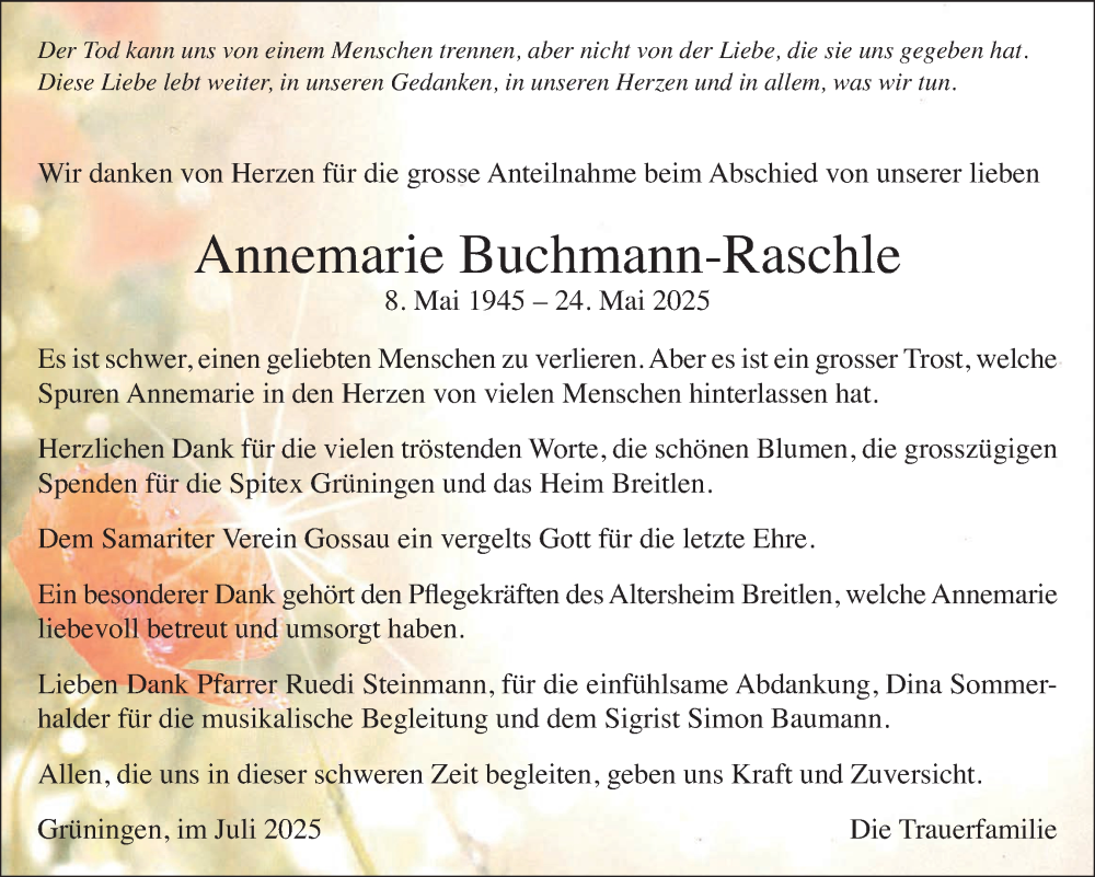  Traueranzeige für Annemarie Buchmann-Raschle vom 10.07.2025 aus AvU