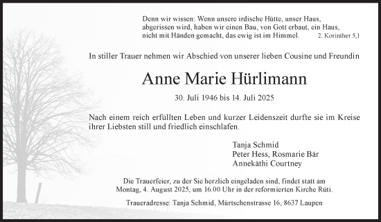 Traueranzeige von Anne Marie Hürlimann von AvU