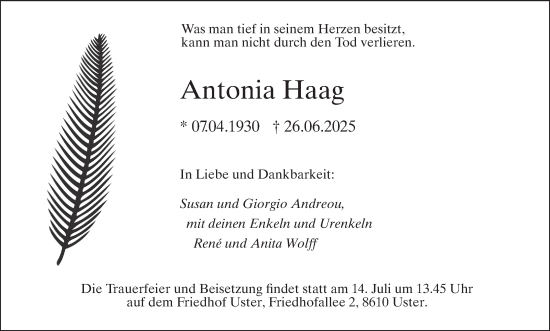 Traueranzeige von Antonia Haag von AvU