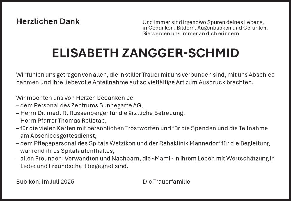  Traueranzeige für Elisabeth Zangger-Schmid vom 09.07.2025 aus AvU