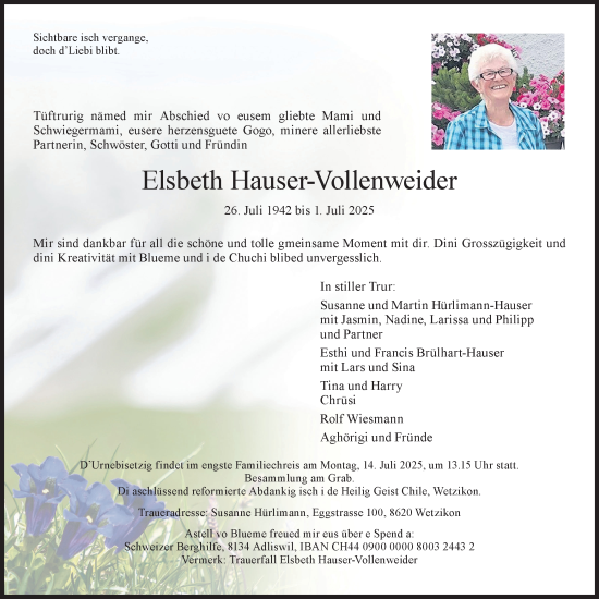 Traueranzeige von Elsbeth Hauser-Vollenweider von AvU