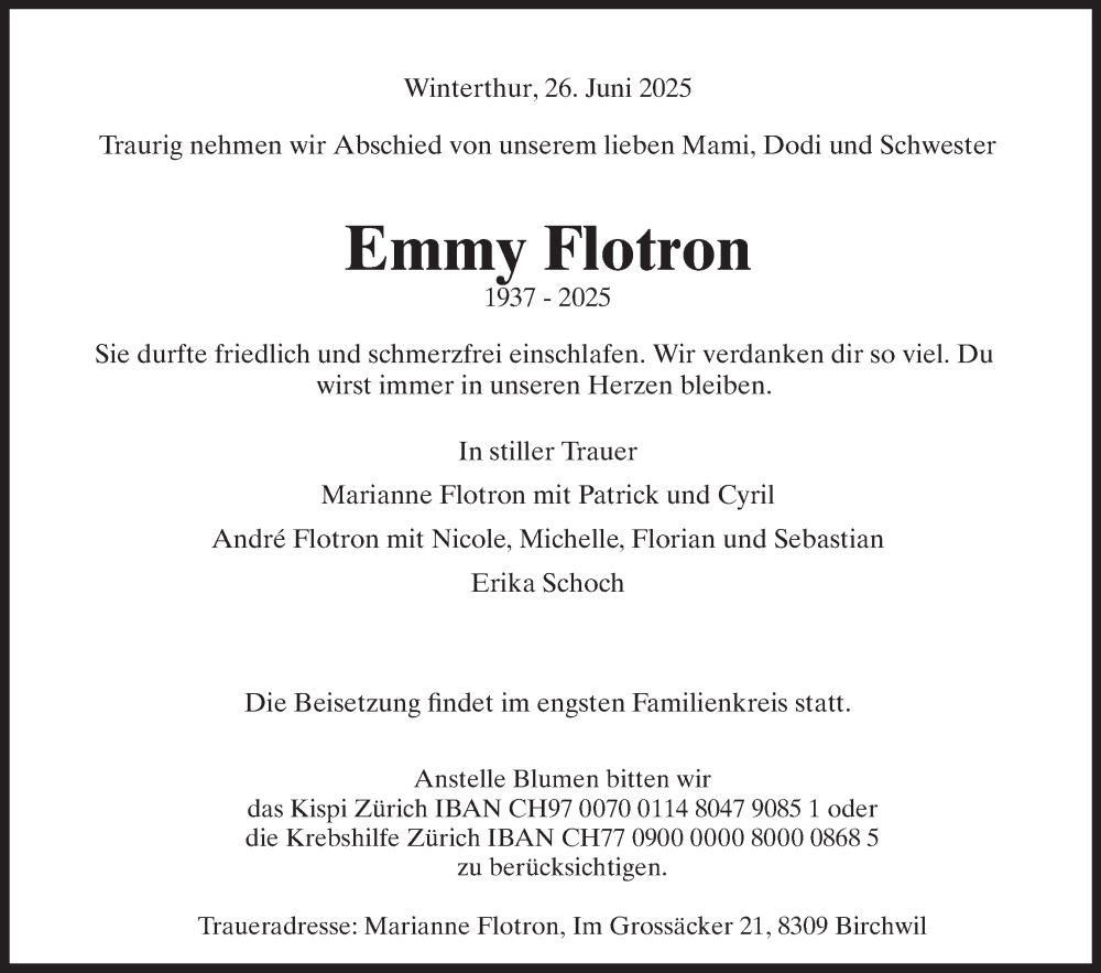  Traueranzeige für Emmy Flotron vom 10.07.2025 aus reg_2