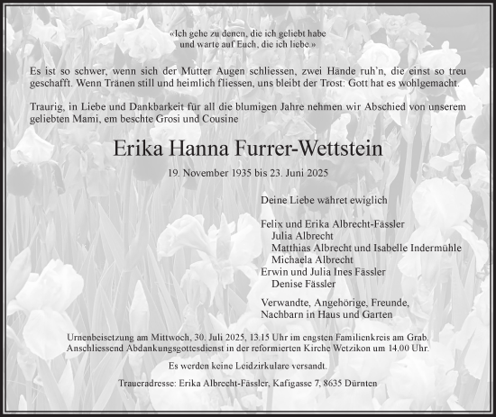 Traueranzeige von Erika Hanna Furrer-Wettstein von AvU