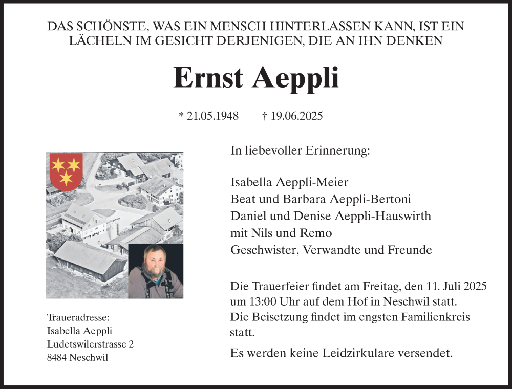  Traueranzeige für Ernst Aeppli vom 02.07.2025 aus AvU