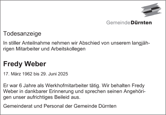Traueranzeige von Fredy Weber von AvU