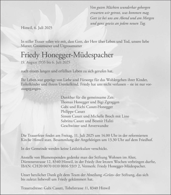 Traueranzeige von Friedy Honegger-Müdespacher von AvU