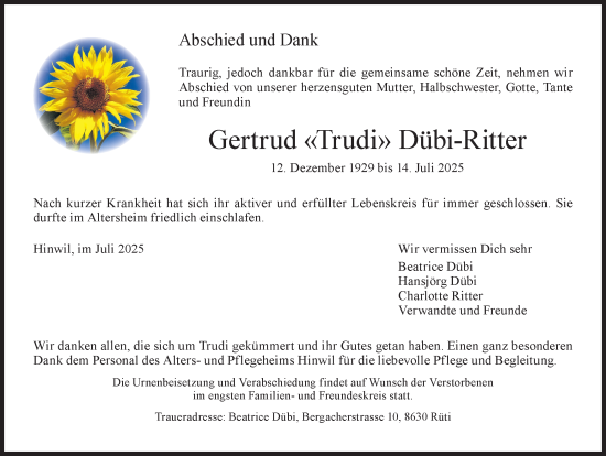 Traueranzeige von Gertrud Dübi-Ritter von AvU