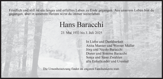Traueranzeige von Hans Baracchi von AvU