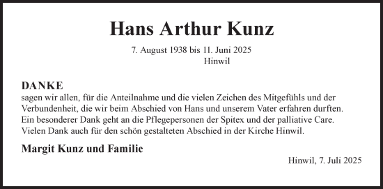 Traueranzeige von Hans Arthur Kunz von AvU