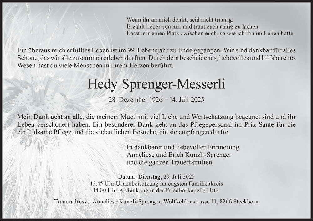  Traueranzeige für Hedy Sprenger-Messerli vom 23.07.2025 aus AvU