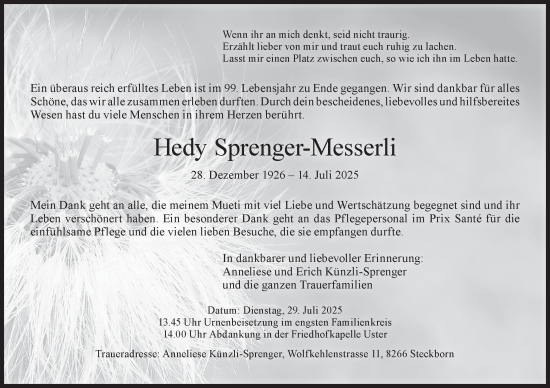 Traueranzeige von Hedy Sprenger-Messerli von AvU