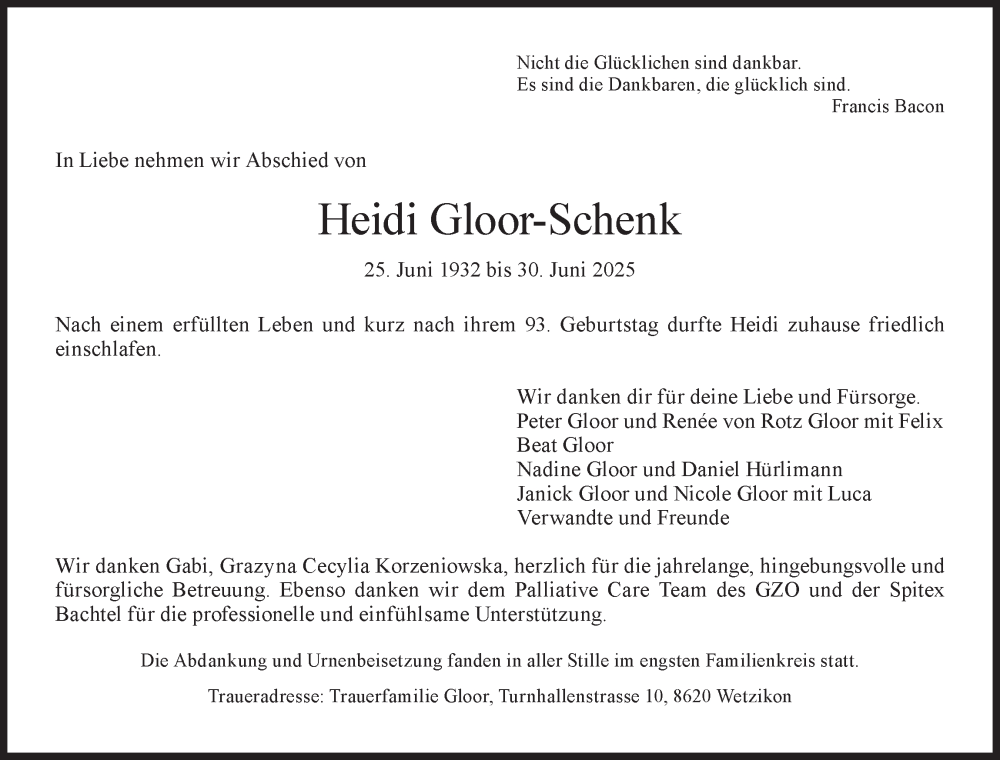  Traueranzeige für Heidi Gloor-Schenk vom 09.07.2025 aus AvU