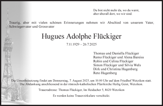 Traueranzeige von Hugues Adolphe Flückiger von AvU