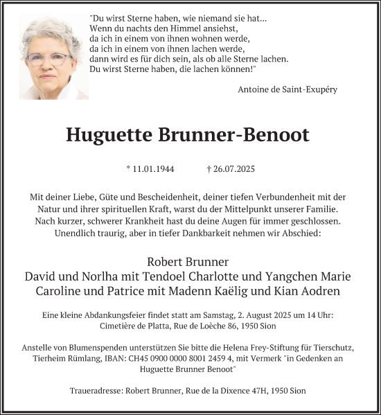 Traueranzeige von Huguette Brunner-Benoot von AvU