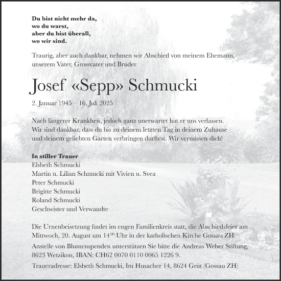 Traueranzeige von Josef Schmucki von AvU