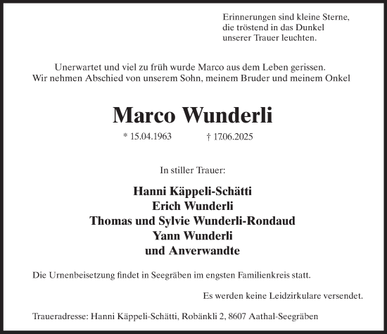 Traueranzeige von Marco Wunderli von AvU