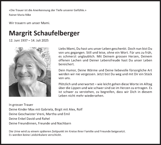 Traueranzeige von Margrit Schaufelberger von AvU