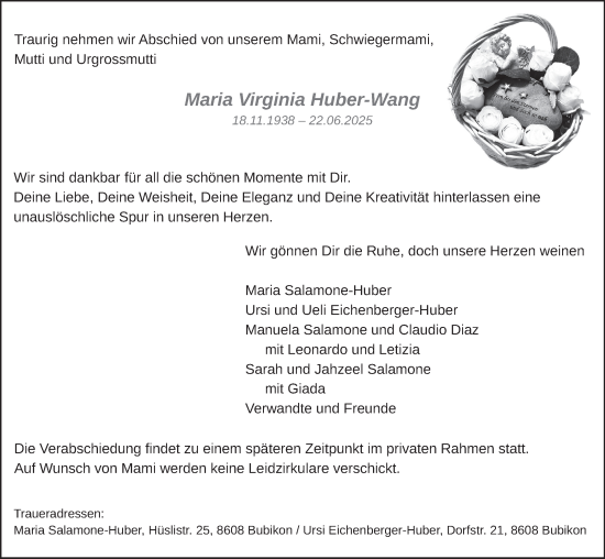 Traueranzeige von Maria Virginia Huber-Wang von AvU