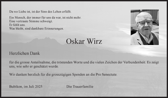 Traueranzeige von Oskar Wirz von AvU
