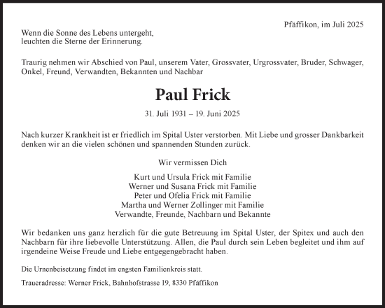 Traueranzeige von Paul Frick von AvU