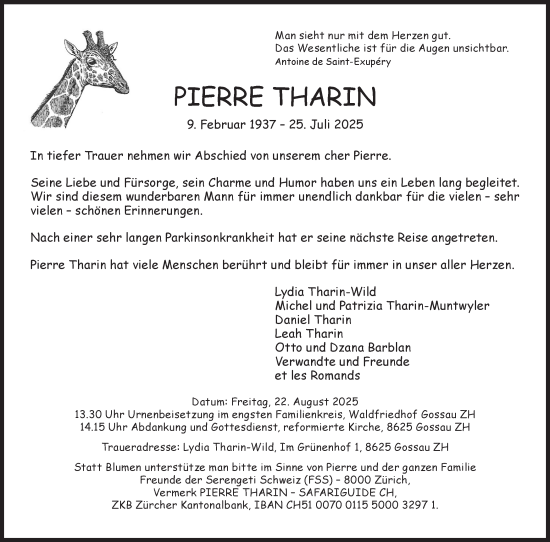 Traueranzeige von Pierre Tharin von AvU