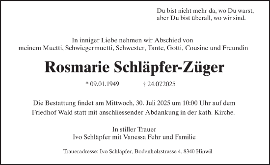 Traueranzeige von Rosmarie Schläpfer-Züger von AvU