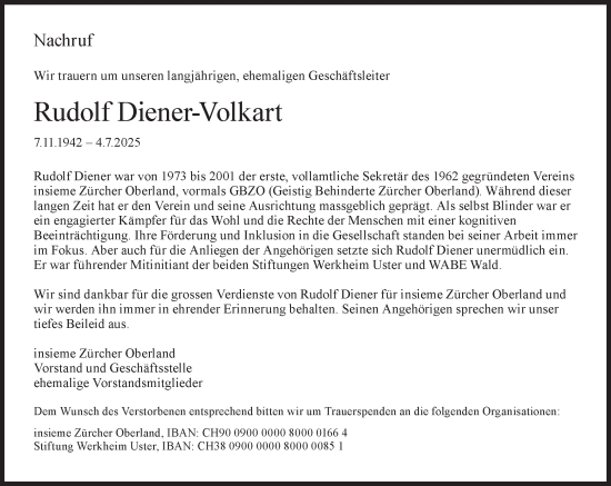 Traueranzeige von Rudolf Diener-Volkart von AvU
