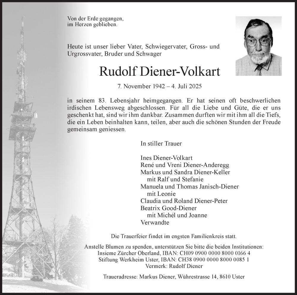  Traueranzeige für Rudolf Diener-Volkart vom 09.07.2025 aus AvU