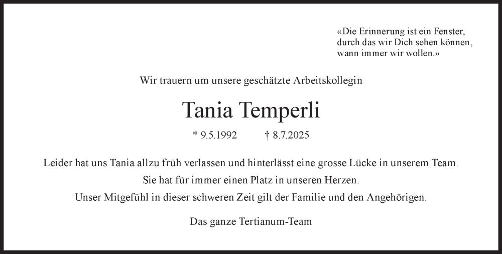  Traueranzeige für Tania Temperli vom 18.07.2025 aus GL solo