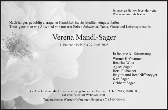 Traueranzeige von Verena Mandl-Sager von AvU
