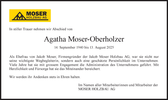 Traueranzeige von Agatha Moser-Oberholzer von AvU
