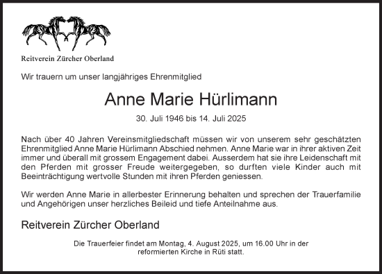 Traueranzeige von Anne Marie Hürlimann von AvU